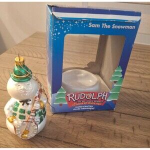 Sam The Snowman Glass Christmas Tree Ornament Animated Rudolph Reindeer 5"